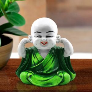 Handcrafted Ployresin Lord Buddha Sitting With Putting Fingers In Ears Statue Showpiece Home Decor/Office Decor/Spiritual Gift, White And Green - Karigaari India Aesthetic Home Decor