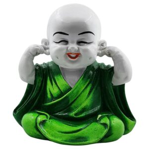 Handcrafted Ployresin Lord Buddha Sitting With Putting Fingers In Ears Statue Showpiece Home Decor/Office Decor/Spiritual Gift, White And Green - Karigaari India Aesthetic Home Decor