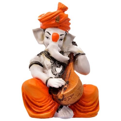 Timeless Lord Ganesha Figurine Sitting Playing Veena Orange Color Best For Home Decoration Modern Ornament 3 Lord Ganesha Idol Sitting & Playing Veena Orange Color Best for Home Decor - Karigaari India Aesthetic Home Decor