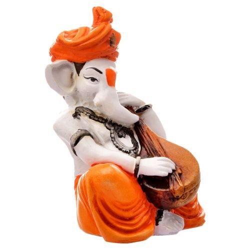 Timeless Lord Ganesha Figurine Sitting Playing Veena Orange Color Best For Home Decoration Modern Ornament 5 Lord Ganesha Idol Sitting & Playing Veena Orange Color Best for Home Decor - Karigaari India Aesthetic Home Decor