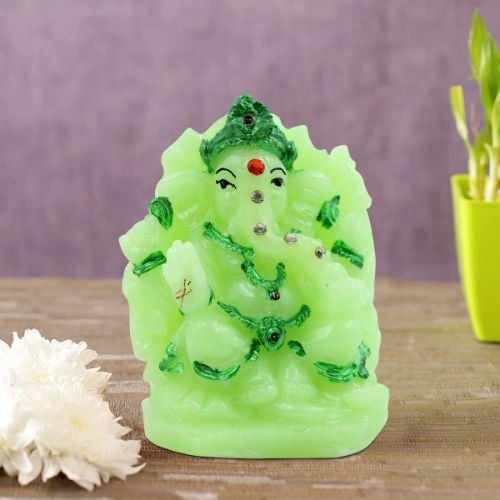 Lord Ganesha sitting Unique Crystal Green Colour Idol with Dark Green Color Ornaments for Home Decor - Karigaari India Aesthetic Home Decor
