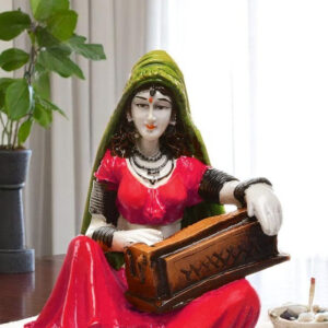 The Serenade of Rajasthan: Hand-Painted Resin Woman and Her Harmonium - Karigaari India Aesthetic Home Decor