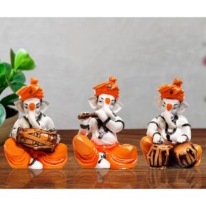 Three Little Lord Ganesha Playing Instruments Idol Orange Color Best for Home Decor - Karigaari India Aesthetic Home Decor