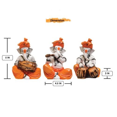 Three Little Lord Ganesha Playing Instruments Idol Orange Color Best for Home Decor - Karigaari India Aesthetic Home Decor