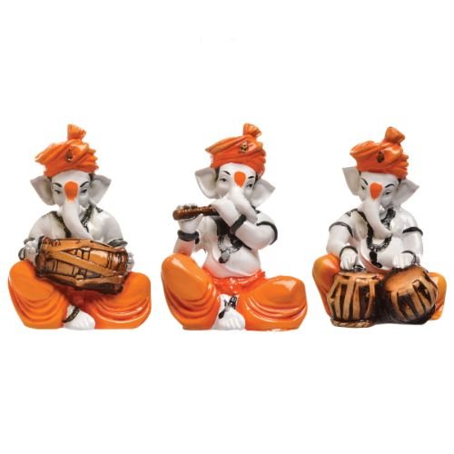 Three Little Lord Ganesha Playing Instruments Idol Orange Color Best for Home Decor - Karigaari India Aesthetic Home Decor