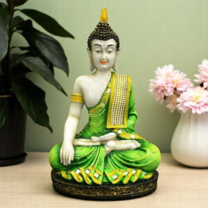 Handcrafted Ployresin Golden And Green Colour Sitting Lord Buddha Statue Showpiece Home Decor/Office Decor/Spiritual Gift - Karigaari India Aesthetic Home Decor