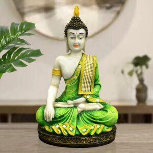 Handcrafted Ployresin Golden And Green Colour Sitting Lord Buddha Statue Showpiece Home Decor/Office Decor/Spiritual Gift - Karigaari India Aesthetic Home Decor