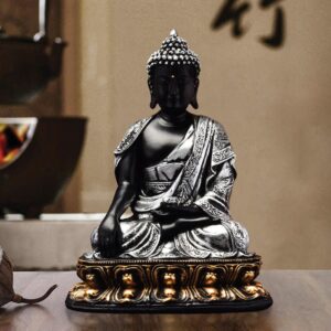 Handcrafted Ployresin Lord Buddha Grey And Black Colour Sitting Statue Sitting On Golden Colour Table Showpiece Home Decor/Office Decor/Spiritual Gift - Karigaari India Aesthetic Home Decor