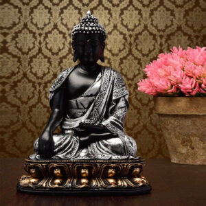 Handcrafted Ployresin Lord Buddha Grey And Black Colour Sitting Statue Sitting On Golden Colour Table Showpiece Home Decor/Office Decor/Spiritual Gift - Karigaari India Aesthetic Home Decor