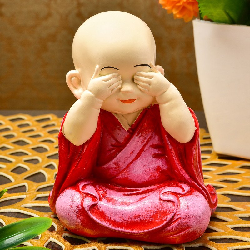 Unique Artisan Ployresin Lord Buddha Sitting Idol Putting Fingers On Eyes Centerpiece Home Home Decor Office Decoration Spiritual Gift Pink Colour Decorative Piece 3 Handcrafted Ployresin Lord Buddha Sitting Statue Putting Fingers On Eyes Showpiece Home Decor/Office Decor/Spiritual Gift, Pink Colour - Karigaari India Aesthetic Home Decor