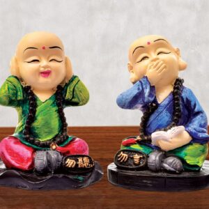 Handcrafted Ployresin Sitting With Putting Fingers On Ears And Mouth Lord Buddha Statue Multicolour Showpiece Home Decor/Office Decor/Spiritual Gift, Two Pieces - Karigaari India Aesthetic Home Decor