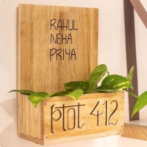 Artistic Wooden Pine Finish Planter Number Plate - Karigaari India Aesthetic Home Decor