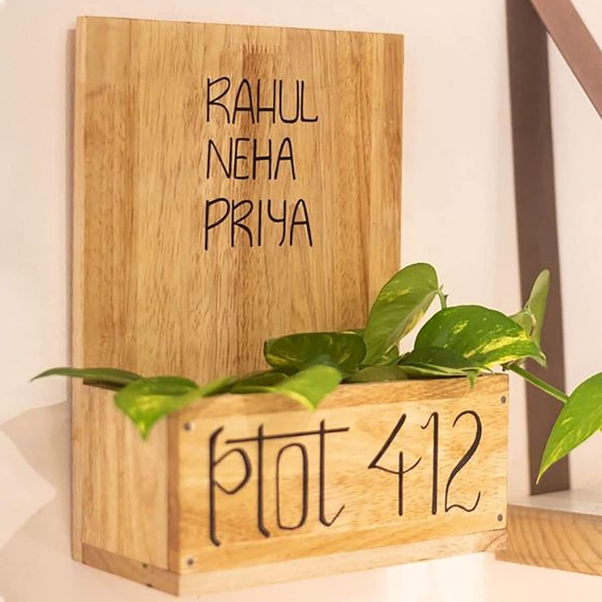 Artistic Wooden Pine Finish Planter Number Plate - Karigaari India Aesthetic Home Decor