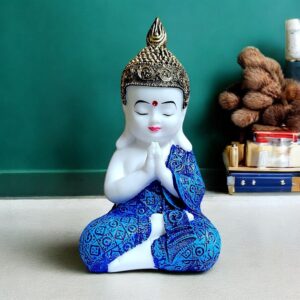 Buddha Statue Blue Robe Meditation | Peaceful Praying Buddha Figurine | Zen Buddhist Home Decor | Resin Mindfulness Sculpture | Spiritual Yoga Gift | Feng Shui Prosperity Ornament | Prayer Ha - Karigaari India Aesthetic Home Decor
