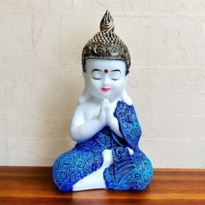 Buddha Statue Blue Robe Meditation | Peaceful Praying Buddha Figurine | Zen Buddhist Home Decor | Resin Mindfulness Sculpture | Spiritual Yoga Gift | Feng Shui Prosperity Ornament | Prayer Ha - Karigaari India Aesthetic Home Decor
