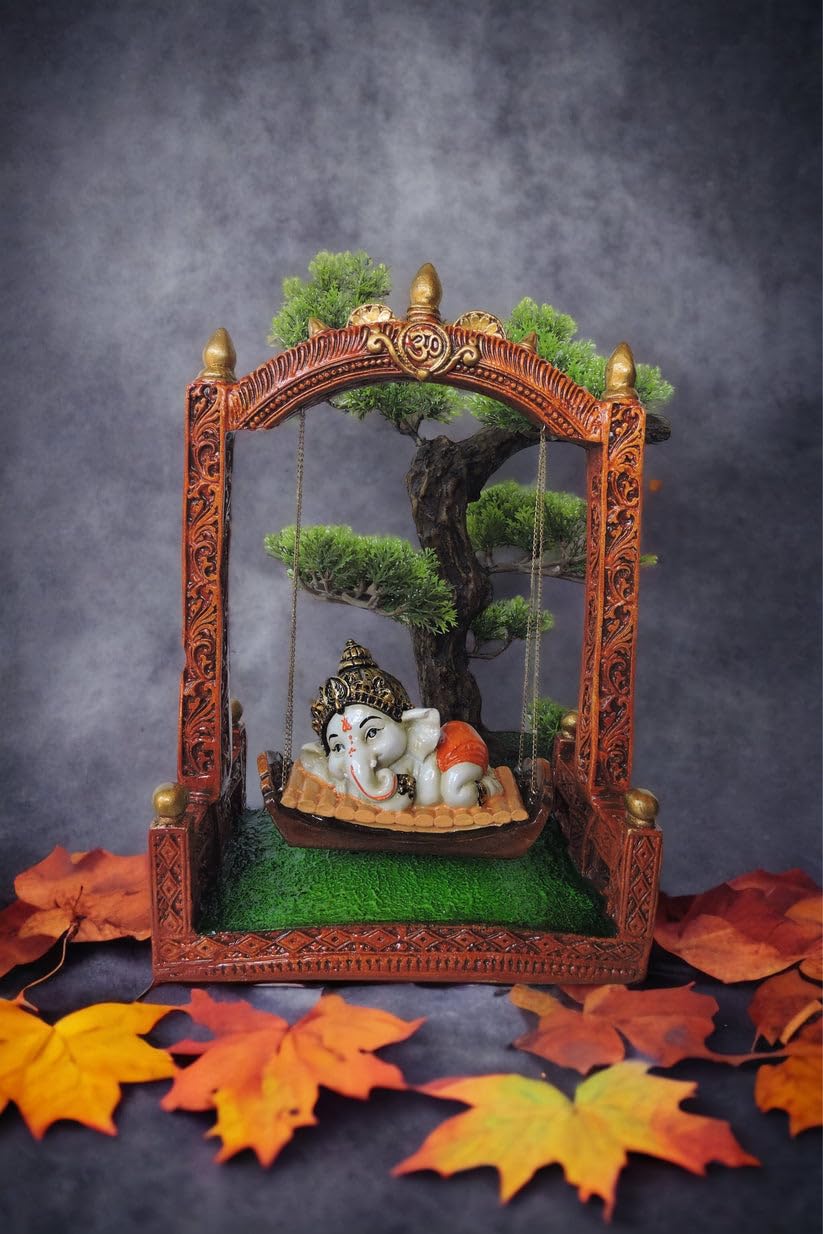 Unique Ganesha On Swing Centerpiece Resin Decorative Statue With Tree Border For Home Decor Gifting Stylish Accent 1