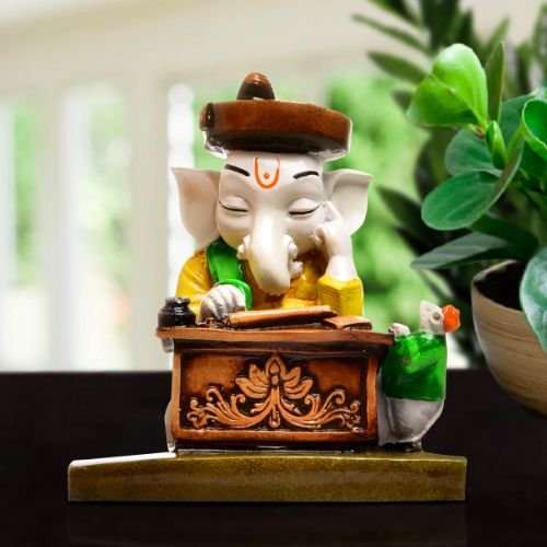 Lord Ganesha Idol Sitting With Mouse & Writing Colorful Design Best for Home Decor - Karigaari India Aesthetic Home Decor