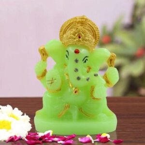 beautiful Lord Ganesha sitting Unique Crystal Green Colour Idol with Golden Ornaments for Home Decor - Karigaari India Aesthetic Home Decor