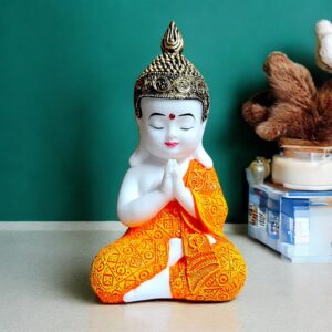 Meditating Buddha Statue - White and Orange Resin Figurine - Zen Home Decor - Spiritual Gift - Meditation Room Decoration - Karigaari India Aesthetic Home Decor