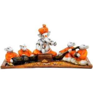 Unique Design Little Lord Ganesha Playing Instruments With Mouse Idol Orange Best Item for Home Decor - Karigaari India Aesthetic Home Decor