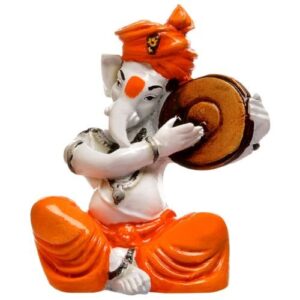 Unique Little Lord Ganesha Playing Dafli Idol Orange Best for Home Decor - Karigaari India Aesthetic Home Decor