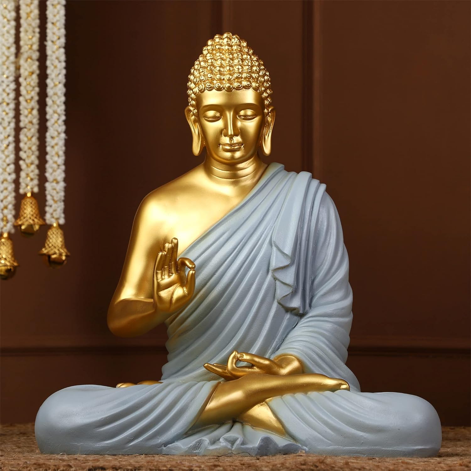 Unique Radiant Golden Buddha Figure Serene Grey Robe Meditation Home Decor Home Decor Accent 1 Radiant Golden Buddha Idol Serene Grey Robe Meditation Decor - Karigaari India Aesthetic Home Decor
