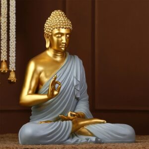 Radiant Golden Buddha Idol Serene Grey Robe Meditation Decor - Karigaari India Aesthetic Home Decor