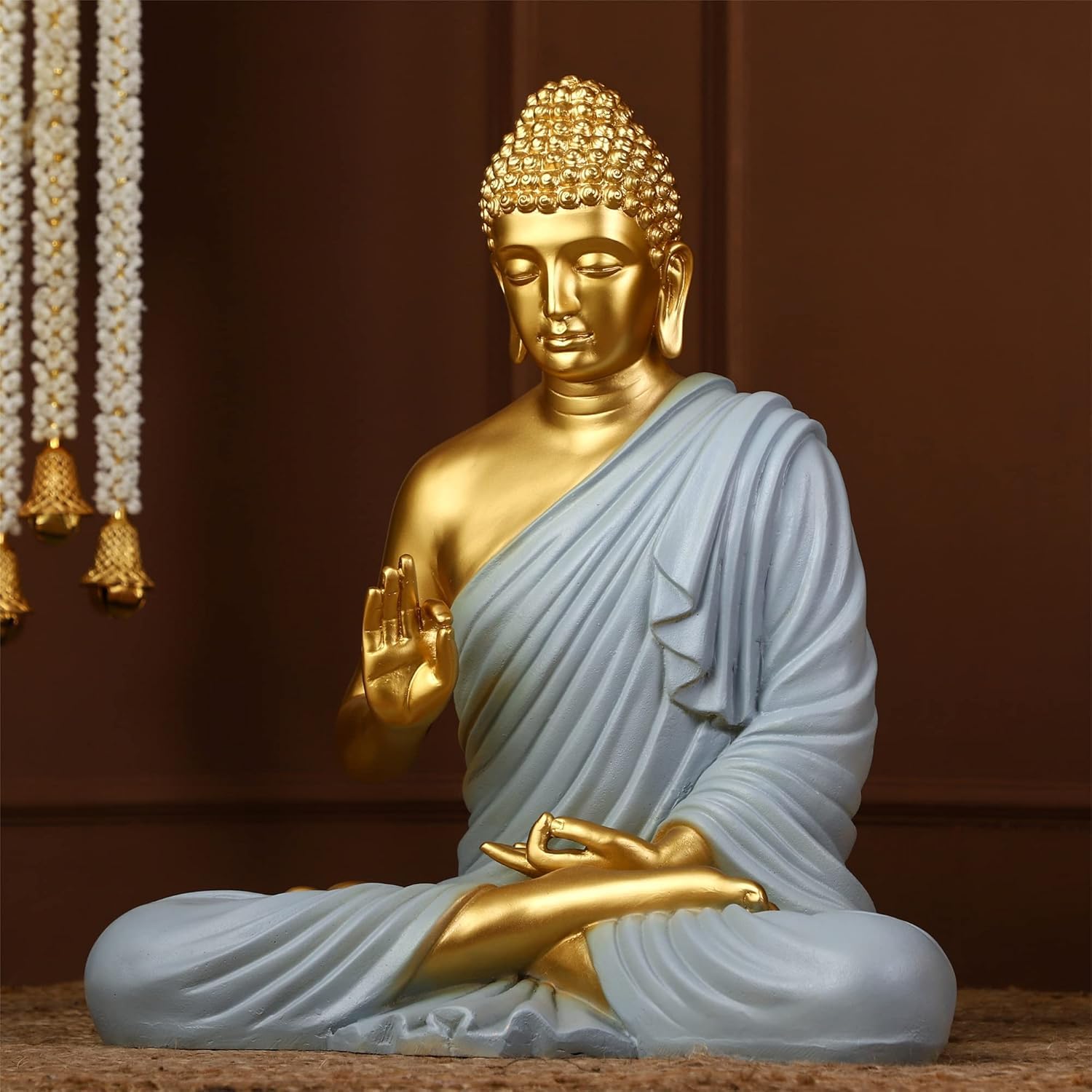 Unique Radiant Golden Buddha Figure Serene Grey Robe Meditation Home Decor Home Decor Accent 3 Radiant Golden Buddha Idol Serene Grey Robe Meditation Decor - Karigaari India Aesthetic Home Decor