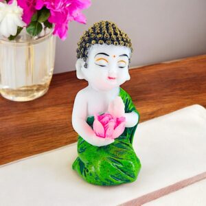 Serene Baby Monk with Lotus Green Robe Zen Enlightenment Idol - Karigaari India Aesthetic Home Decor
