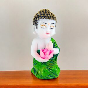 Serene Baby Monk with Lotus Green Robe Zen Enlightenment Idol - Karigaari India Aesthetic Home Decor