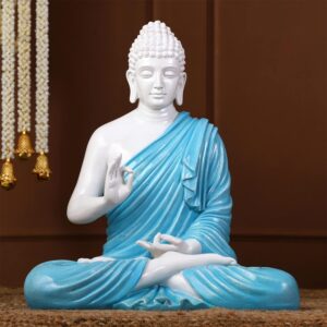 Serene Meditating Buddha Idol White & Blue Resin Decor - Karigaari India Aesthetic Home Decor