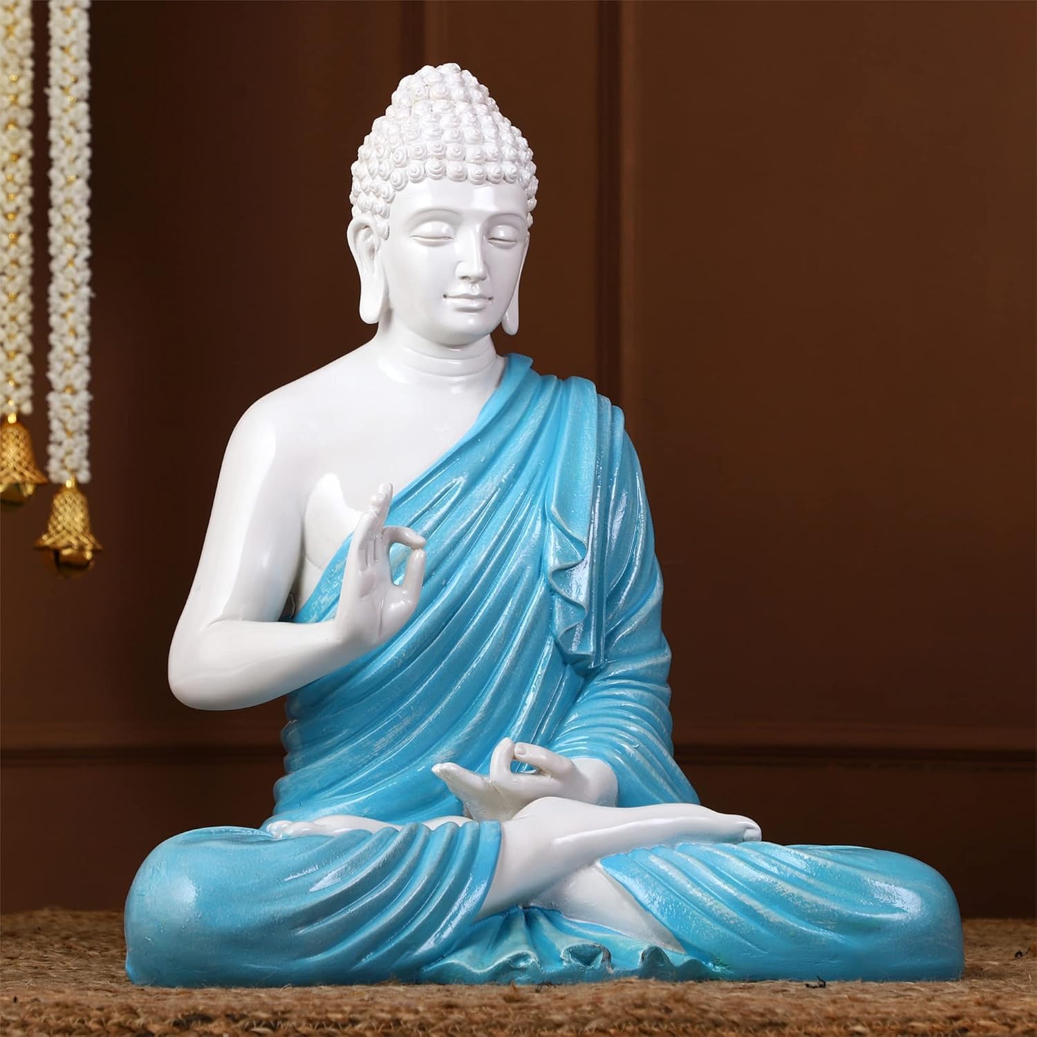 Unique Serene Meditating Buddha Statue White Blue Resin Decoration Artful Decor Piece 2 Serene Meditating Buddha Idol White & Blue Resin Decor - Karigaari India Aesthetic Home Decor