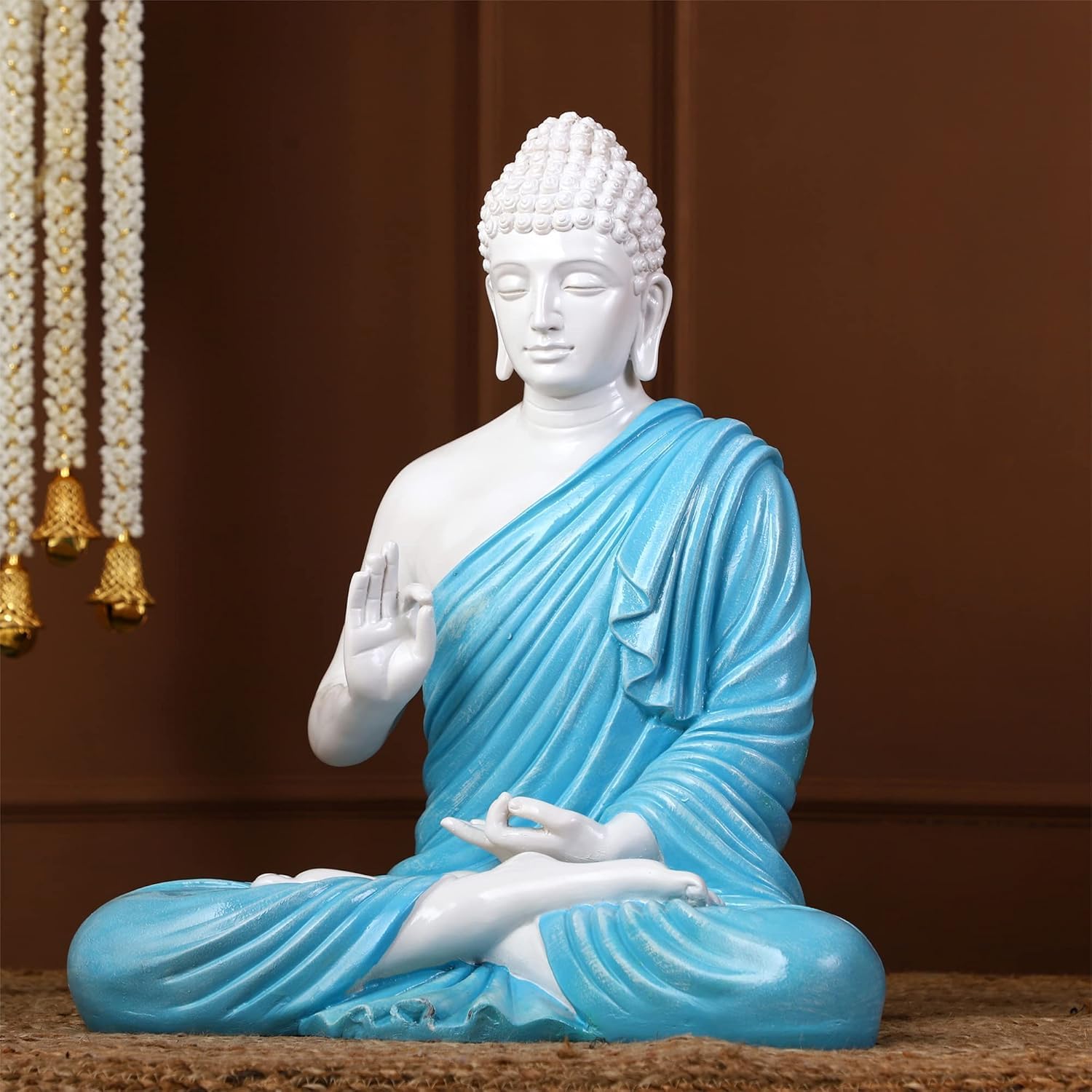 Unique Serene Meditating Buddha Statue White Blue Resin Decoration Artful Decor Piece 4 Serene Meditating Buddha Idol White & Blue Resin Decor - Karigaari India Aesthetic Home Decor