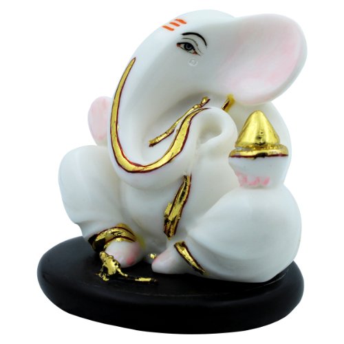 Small Lord Ganesha Sitting With Holding Golden Modak in Hand White Color Idol for Home Decor - Karigaari India Aesthetic Home Decor