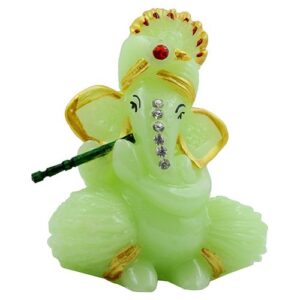 Small Unique Design Lord Ganesha Playing Flute Idol Green Colour Best for Home Decor - Karigaari India Aesthetic Home Decor