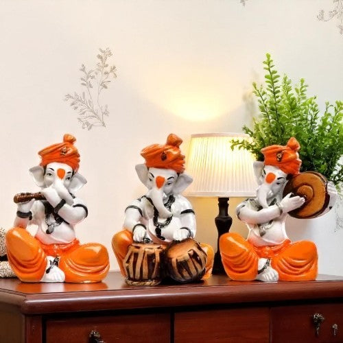 Unique Three Little Lord Ganesha Figurine Playing Instruments Best One Of A Kind Design Orange Color For Home Home Decor Unique Decor Piece 1