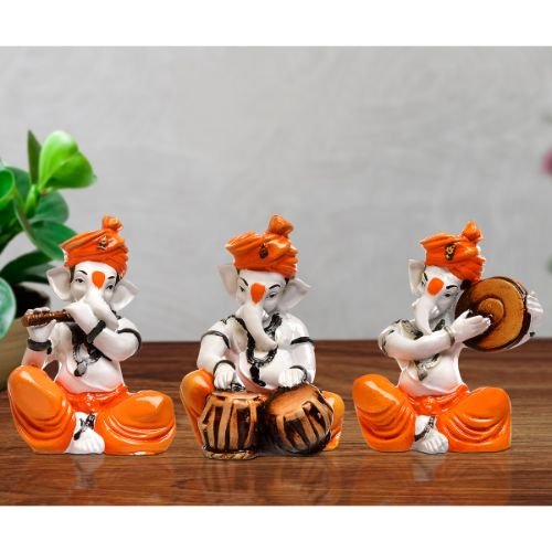 Unique Three Little Lord Ganesha Figurine Playing Instruments Best One Of A Kind Design Orange Color For Home Home Decor Unique Decor Piece 2 Three Little Lord Ganesha Idol Playing Instruments Best & Unique Design Orange Color for Home Decor - Karigaari India Aesthetic Home Decor