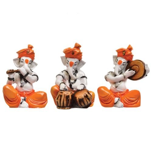Unique Three Little Lord Ganesha Figurine Playing Instruments Best One Of A Kind Design Orange Color For Home Home Decor Unique Decor Piece 3 Three Little Lord Ganesha Idol Playing Instruments Best & Unique Design Orange Color for Home Decor - Karigaari India Aesthetic Home Decor