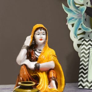 Elegant Rajasthani Village Maiden Figurine - Premium Resin Sculpture in Majestic Yellow - Traditional Indian Water Bearer Art Piece - Karigaari India Aesthetic Home Decor
